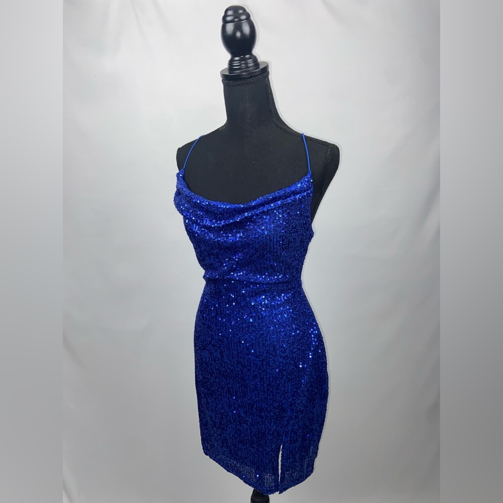 Mini Dress Blue Sequin Spaghetti Strap Dress Large NWT